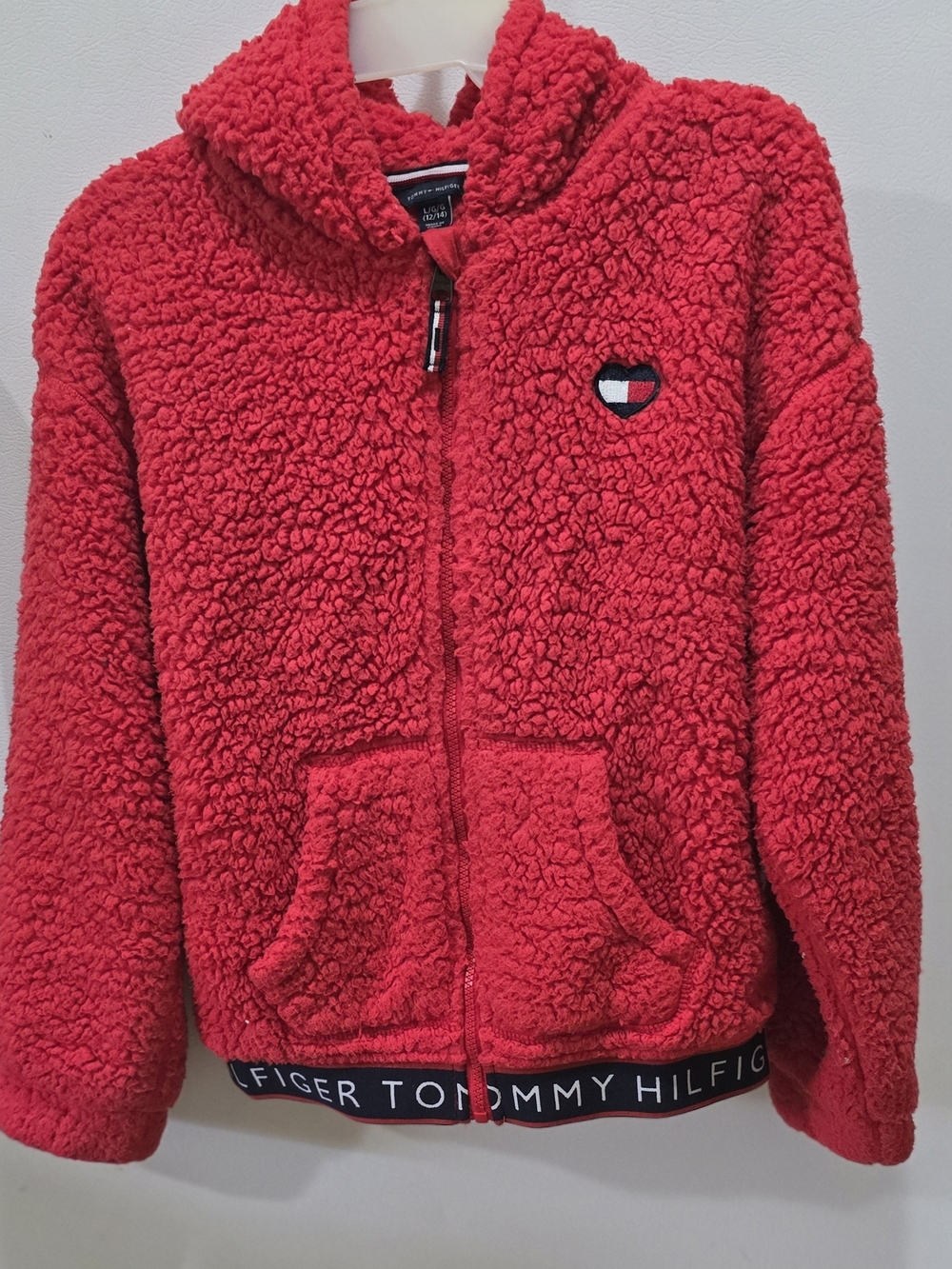 Tommy Hilfiger Kids Red Sherpa Zip Hoodie with Logo Trim